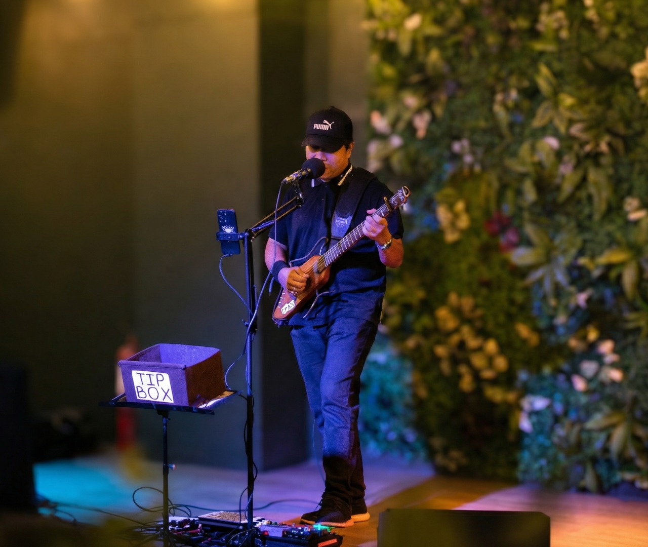 Musician performing on the acoustic stage at Hardin